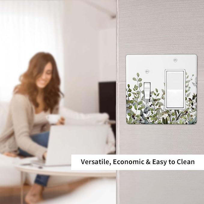 Watercolor Green Eucalyptus Leaves Plants Fruit Outlet Covers 1 Toggle 1 Rocker Combination Decorative Wall Plate Electrical Switch Plates Light Switch Cover Plate for Bed Room Living Room Decor