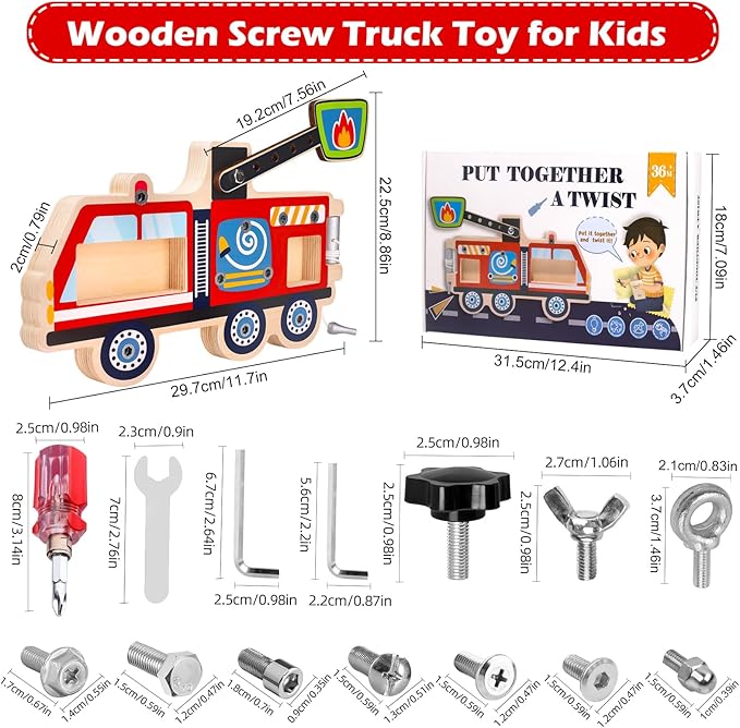 Montessori Screwdriver Busy Board Fire Truck – Wooden STEM Fine Motor Skills Sensory Learning Toy for Kids Ages 3–6, Great Gift for Boys and Girls