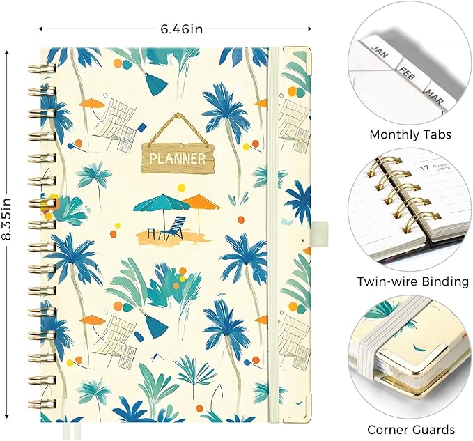 AHGXG 2026 Planner, Weekly and Monthly Planner for Women, Jan 2026 - Dec 2026, Medium Size (5.7" x 8.3"), Calendar 2026, Hardcover with Monthly Tabs, Spiral-Bound, 100 GSM Thick Paper, Blue-Beach