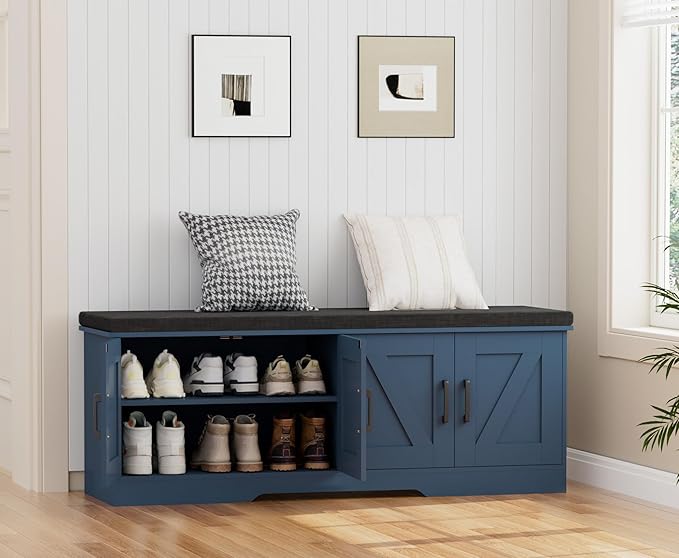 2-Tier Storage Bench, 47.2" Wide Shoe Bench with Padded Seat Cushion, Entryway Bench with 4 Barn Doors and Adjustable Shelf, Blue