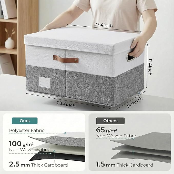 PRANDOM Storage Bins with Lids [3-Pack] Linen Fabric Foldable Storage Boxes Organizer Containers Baskets Cube with Cover Grey&White (23.4X15.9X11.4)
