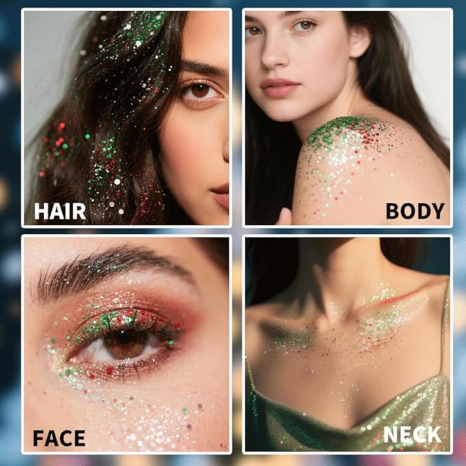 Mysense Christmas Glitter Stick for Face Hair Body, Red Silver Green Chunky Sparkling Glitter Makeup, Christmas Party Costume Accessories, Stocking Stuffers Gifts for Women Girls, 0.56oz
