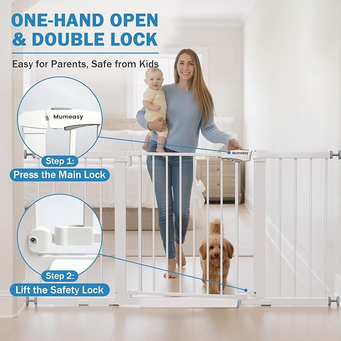 Mumeasy 29.7-57" Extra Wide Baby Gate for Doorways, Auto Close Dog Gate Indoor for Stairs, No-Drill Pressure Mounted Pet Gate with Door, Easy Walk Thru Long&Large Safety Gate for House, Outdoor, White