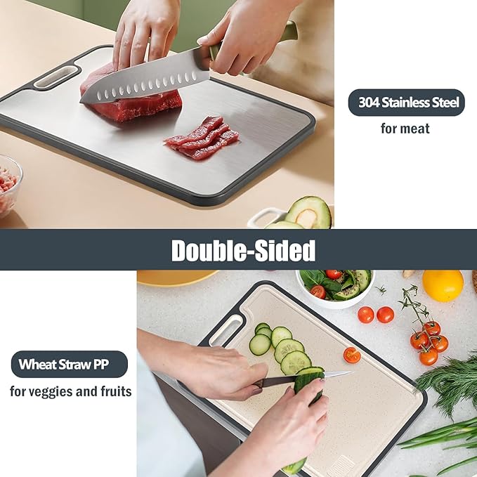 Stainless Steel Cutting Boards for Kitchen,Non Toxic Cutting Board Double sided, 2-in-1 Wheat Straw PP Kitchen Chopping Board for Meat and Fruit. Non-Slip,Easy to Clean,Dishwasher Safe (16x11 In)