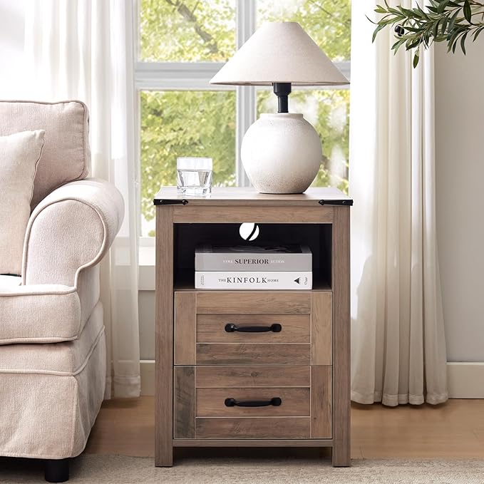 Sierra Rustic Night Stand, Farmhouse End Table, Modern Bedside Table with 2 Storage Drawers and Open Shelf, Tall Nightstand for Bedroom
