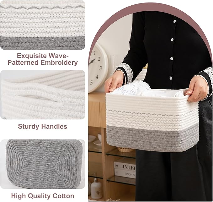 4 Pack Storage Baskets for Organizing, 13"X9"X7.87", Decorative Cotton Rope Baskets with Wave-Patterned Embroidery for Shelves, Small Woven Basket for Toys, Books and Towels, Grey & White