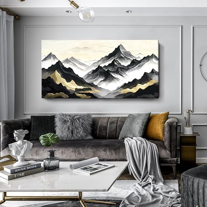 amatop Black Gold Mountain Wall Art – Large Modern Abstract Canvas Print, Inspirational Landscape Artwork for Living Room, Bedroom & Office Decor (58x29 Inch)