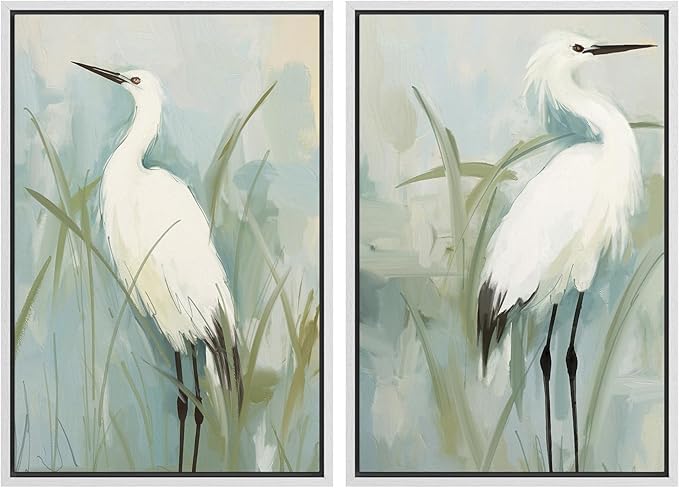 MUDECOR Framed Canvas Print Wall Art White Heron Pair in Marsh Coastal Illustrations Modern Art Decorative Bohemian Colorful for Living Room, Bedroom, Office - 24"x36"x2 White