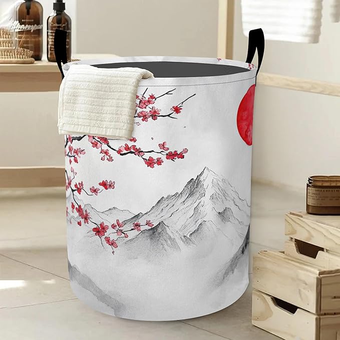 Japan Fuji Mountain Laundry Basket, Cherry Oxford Cloth Laundry Hamper With Handle Foldable Portable Clothes Storage Basket Storage Bag For Laundry Room/Bathroom/Bedroom/Dormitories