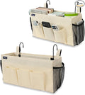 Surblue Bedside Organizer with Hook Bedside Caddy Hanging Storage Bag with Adjustable Strap and Water Bottle Holder for Home College Dorm Bunk Bed Accessories, Crib Bed Rail, Hospital Bed, Beige, 2PCS