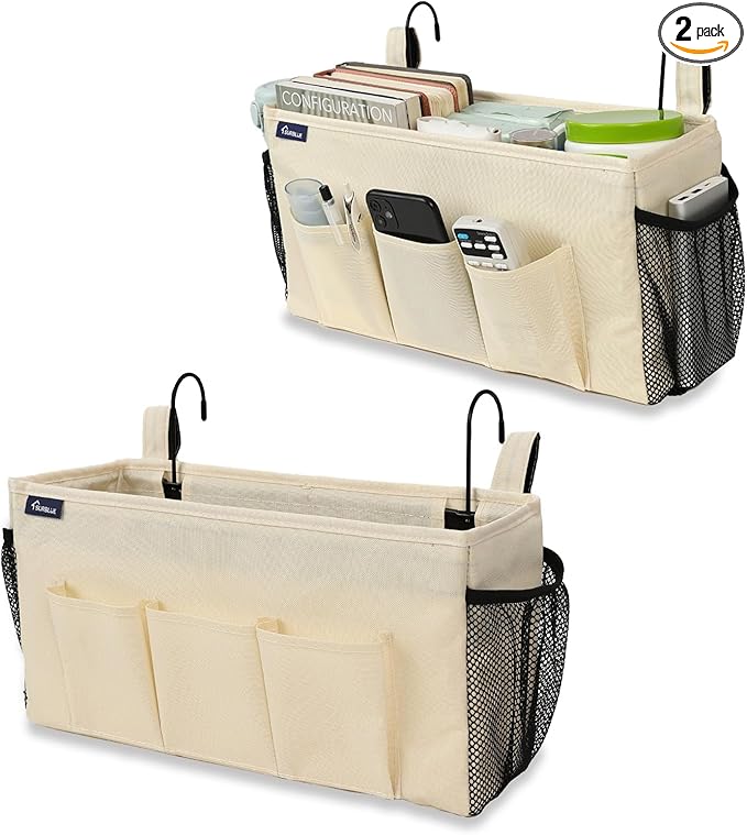 Surblue Bedside Organizer with Hook Bedside Caddy Hanging Storage Bag with Adjustable Strap and Water Bottle Holder for Home College Dorm Bunk Bed Accessories, Crib Bed Rail, Hospital Bed, Beige, 2PCS