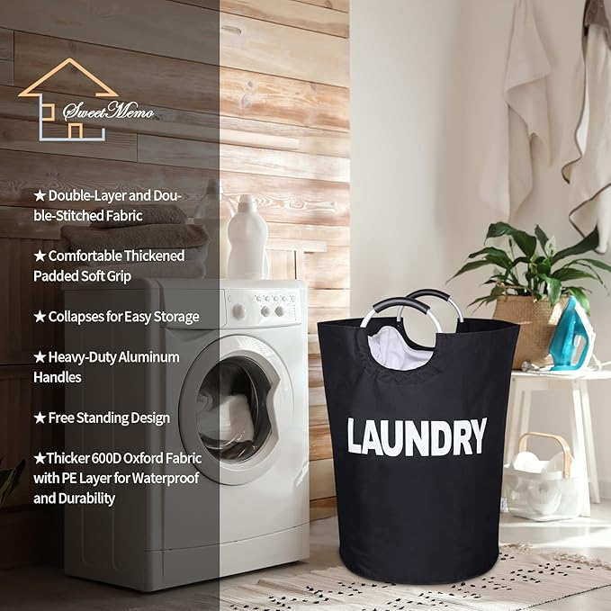 Laundry Basket Collapsible，Freestanding Clothes Hamper Bag with Handles – Tall Folding Dirty Laundry Bin，Sturdy Laundry Sorter for College Dorm，Laundry Room – Jumbo Size 161L (Black)