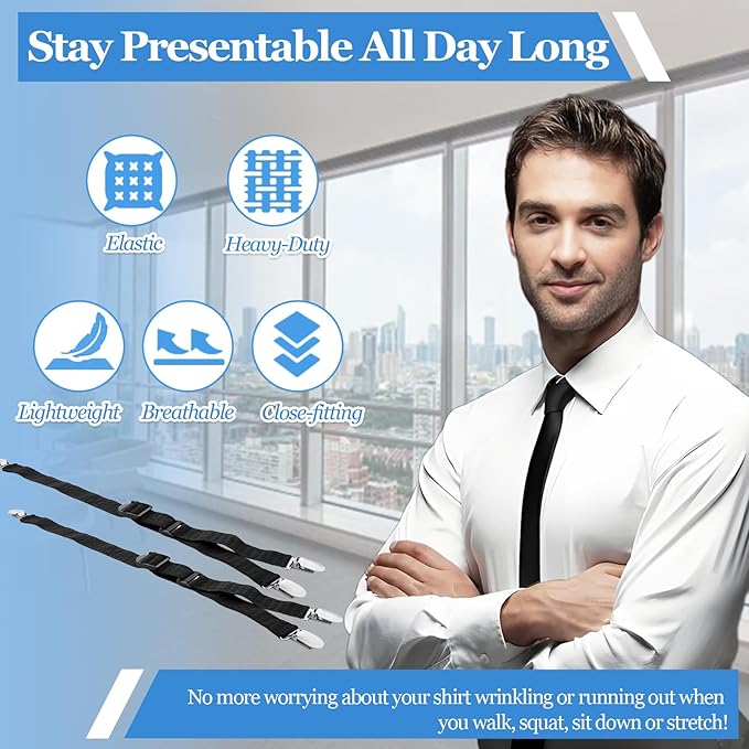 STAY GENT Y-Style Shirt Stays For Men with Non-Slip Locking Clamps and Adjustable Elastic Straps