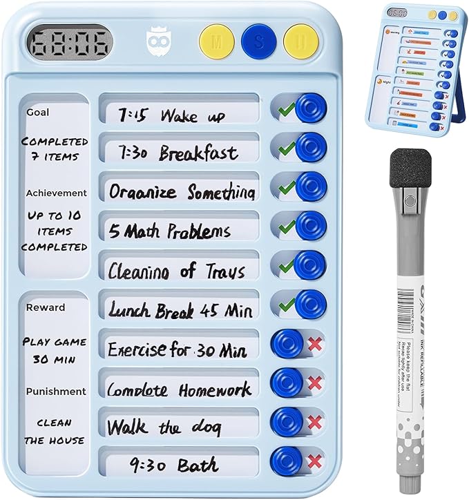 Magnetic Chore Chart for Kids with Timer, Visual Schedule for Kids, ADHD Tools for Kids to Do List, Checklist with 99-Min Countup/Countdown Chore Board with Sliders & Dry-Erase Sheets (Blue)