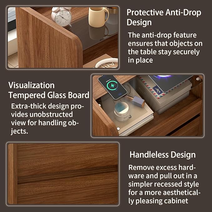 Walnut Nightstand with Charging Station, 20 Inch Wide Night Stand with Deep Drawers, Modern Bedroom Bedside End Table with Round Corners & Reinforced Panel Design for Dorm, Sofa, Office