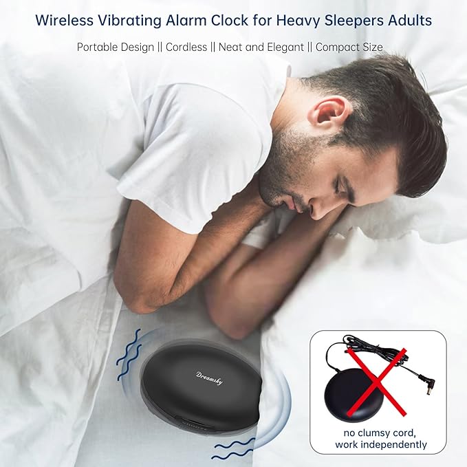 DreamSky Vibrating Alarm Clock for Heavy Sleepers - Auto Set Bed Shaker Alarm Clock Under Pillow for Hearing Impaired, Bedroom, Travel, Rechargeable Battery Operated, Cordless, Auto DST, LCD Backlight