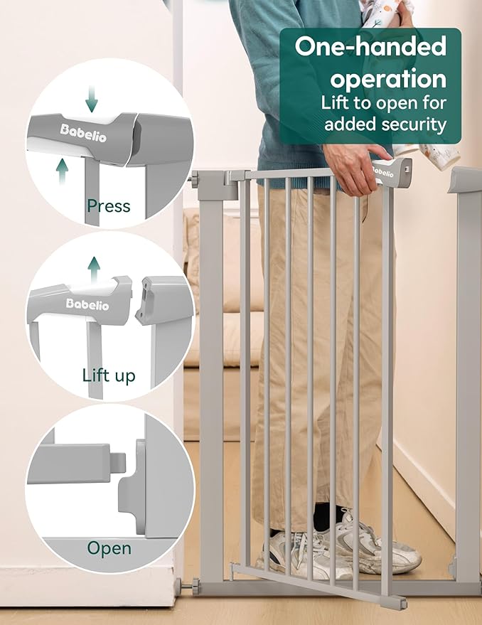 BABELIO 36" Tall Narrow Baby Gate, 26-28.5" Auto-Close Metal Dog Gate for Small Stairs/Doorways/Hallways, NO Drilling Pressure Mounted for Child and Pets, NO Extensions, Gray