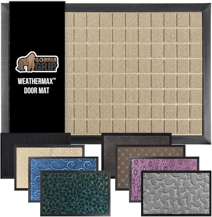 GORILLA GRIP 100% Waterproof All-Season WeatherMax Doormat US Designed Natural Rubber, Stain and Fade Resistant, Low Profile Indoor Outdoor Door Mats, Easy Clean Patio Mat, 17x29, Taupe Grid