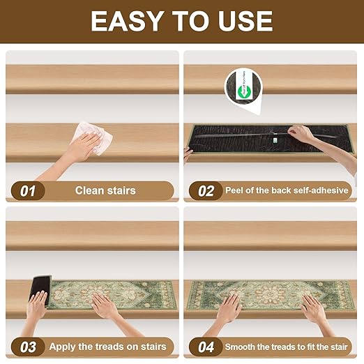 Non Slip Stair Treads for Wooden Steps Indoor, Light Green, 15pcs, 30"X8", Soft Carpet Mat, Machine Washable Boho Carpet Treads with Reusable Adhesive Backing, Safety Stair Tread for Dog, Kid, Elder