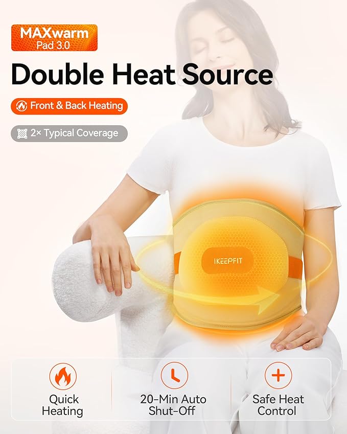 Portable Heating Pad for Back, Cordless Wearable Heat Belt with Massager for Lower Back Pain Relief, Battery Powered 8000 mAh Rechargeable, MAXwarm® 3.0, Gift for Women Men 90-310 lbs