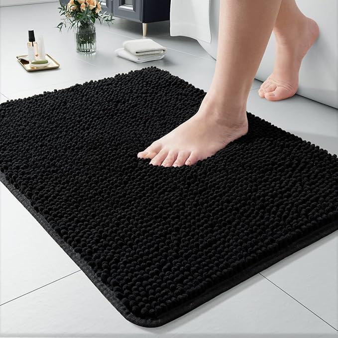 LOCHAS Luxury Bathroom Rug Shaggy Bath Mat 24 x 17 Inch, Washable Non Slip Bath Rugs for Bathroom Shower, Soft Plush Chenille Absorbent Carpets Mats, Black