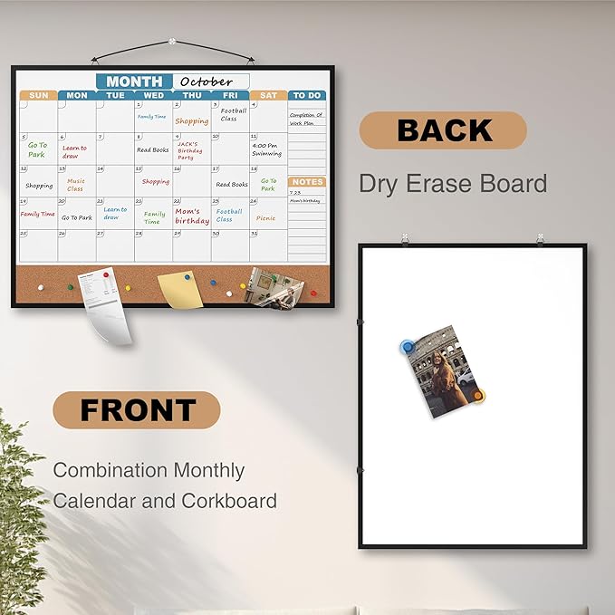 Monthly Calendar Dry Erase Board 24x18 Inch, Double-Sided Whiteboard and Corkboard Combo with Black Aluminum Frame (Color Calendar), Wall Mounted Planner with Marker, Magnet, Push Pin, Eraser
