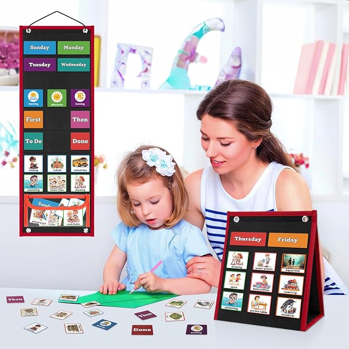 Visual Schedule for Kids Chore Chart，2 in 1 Daily Schedule Board Routine Pocket Chart Cards for Toddlers,Autism Learning Materials Tool Wall Planner for Home School with 103 Cards （Black）
