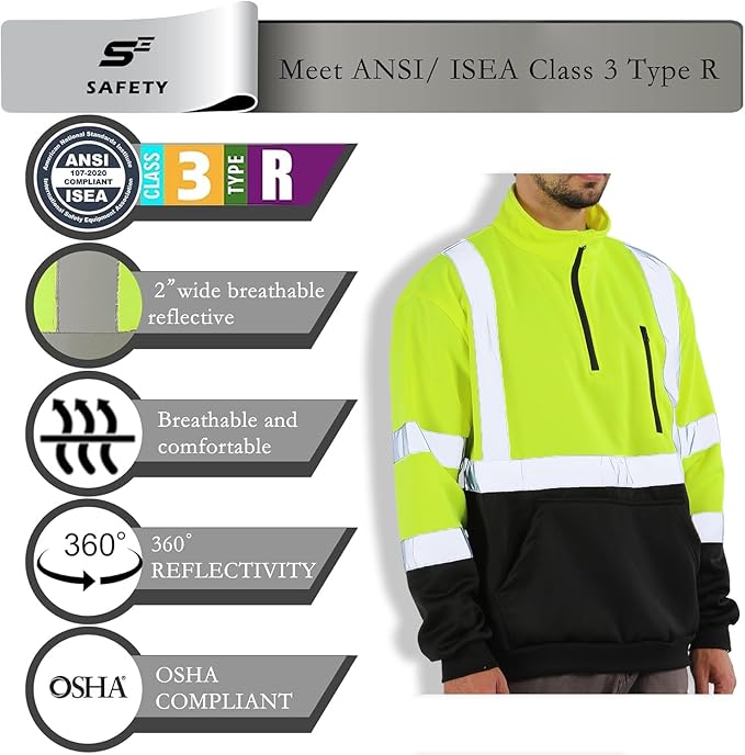 sesafety Work Safety Sweater High Visibility Construction,Class 3 Hi Vis Reflective Sweatshirt for Men,1/4 Zip,Pullover
