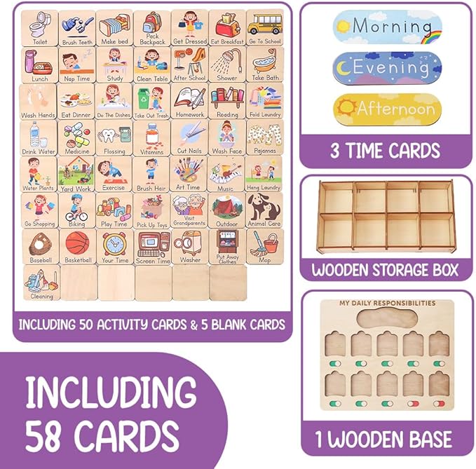 Wooden Chore Chart for Kids Visual Schedule, Routine Chart for Kids, Morning Bedtime Routine Chart for Toddlers Ages 2-4, Daily Kids Schedule Board for Home (02)