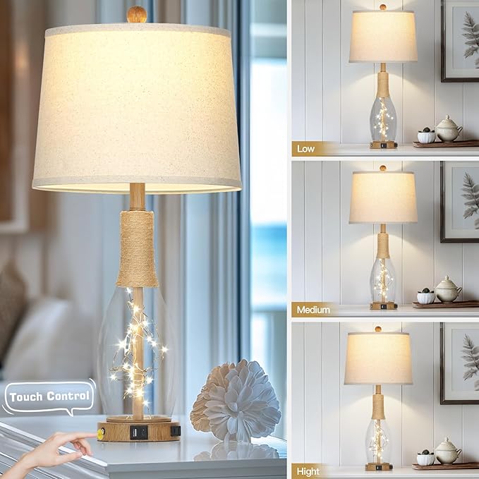 28" Coastal Table Lamps for Bedroom Set of 2, Farmhouse Glass Lamps with 3-Way Dimmable Touch Control Fairy Lights & Type-C Charging for Living Room Nightstand, Beach Nautical Bedside Lamp Rustic Wood