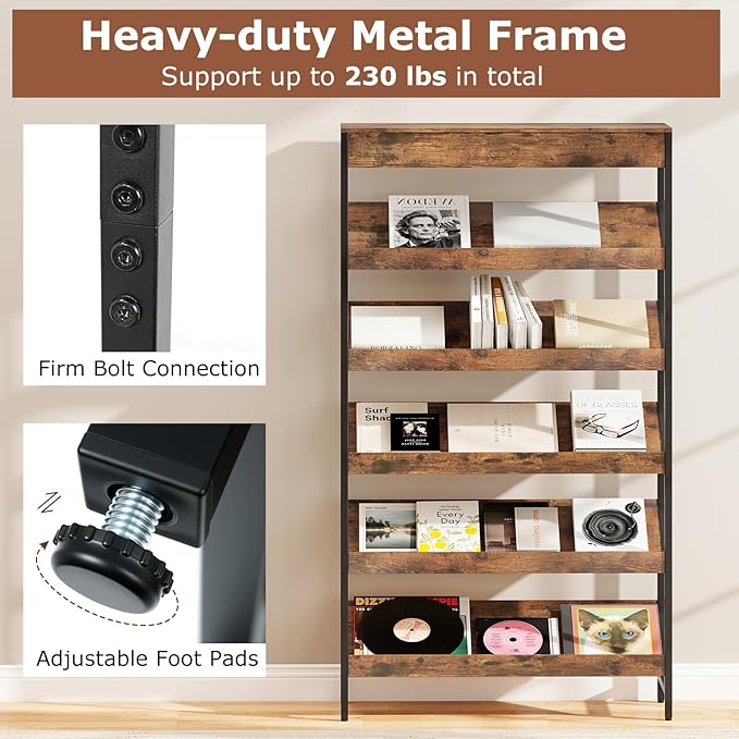 Tangkula 6-Tier Bookshelf, Tall Freestanding Bookcase with Angled Shelves, Industrial Display Rack Storage Organizer with Metal Frame & Anti-Tip Kits for Home Office Living Room (2, Rustic Brown)
