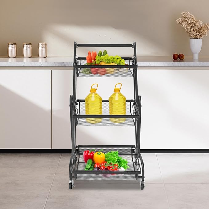 3 Tier Rolling Utility Cart with Wheels, Metal Rolling Foldable Storage Shelves, Adjustable Tilt Angle Storage Organizer for Living Rooms, Kitchens, Bathrooms (Black)