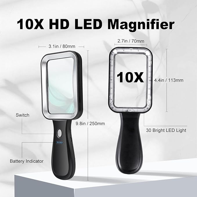 10X Magnifying Glass with Light and Case, Rechargeable Magnifier with 3 Color Modes, Lighted Magnifying Glass Handheld for Seniors Reading Low Vision, Inspection, Close Work
