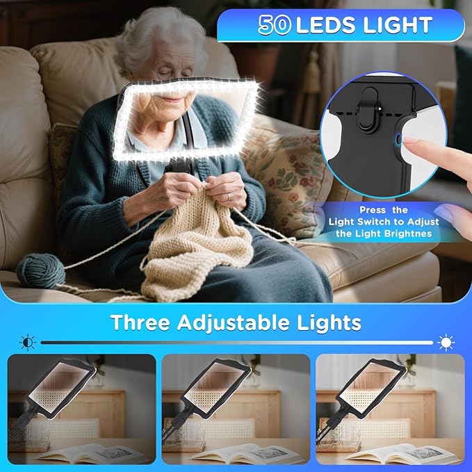 Large 10X Hands Free Magnifying Glass with Light for Reading Neck Wear Magnifier with Adjustable Brightness 50 Led Lights Flexible Gooseneck Full Book Page Magnifier for Seniors Low Vision Elderly