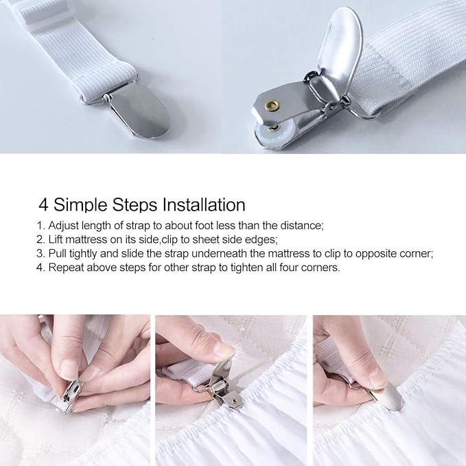 Sheet Fasteners Suspenders Straps - Adjustable Crisscross Bed Sheets Holder Clips Elastic Band Sheet Keeper Stays Grippers,2Pcs/Set White