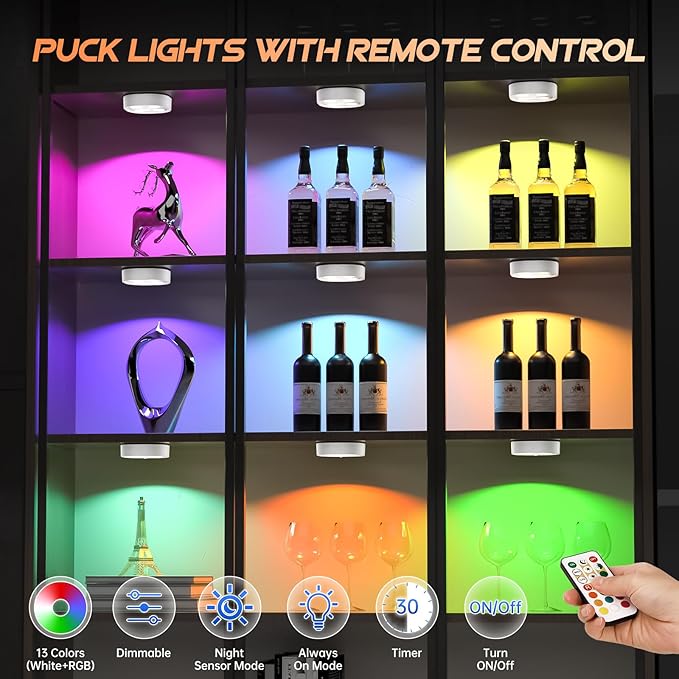 6PCS Motion Sensor Step Light, Wireless Rechargeable Puck Lights with Remote, Under Cabinet Lights with 3 Colors&RGB, Magnet Stick on Light for Closet, Hallway, Stairway, Bathroom, Bedroom, Kitchen