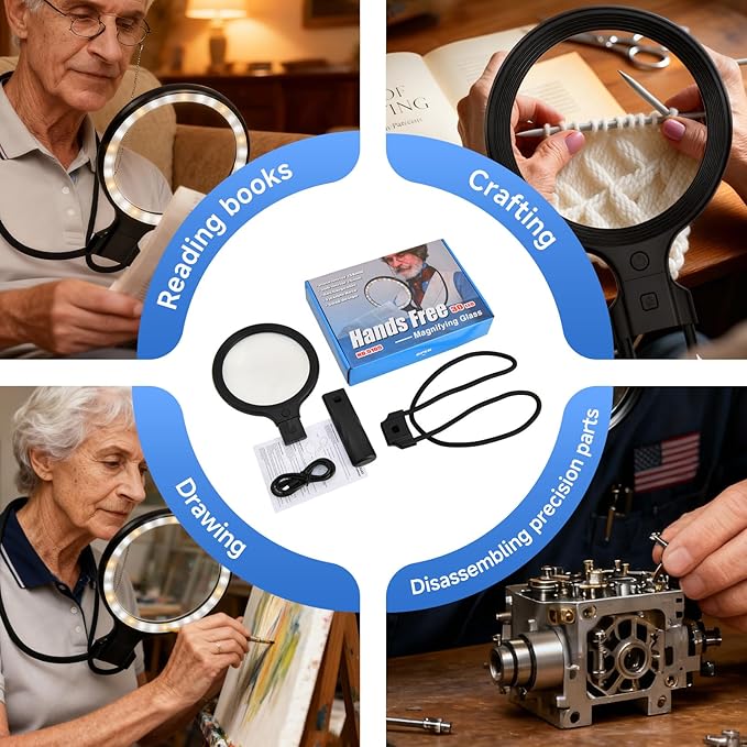 Neck Magnifying Glass with LED Light – 5X/10X Dual Lens, Hands-Free & Handheld, Adjustable Brightness, Perfect for Seniors, Crafters, Sewing, Reading & Repairing,Type-C Charging