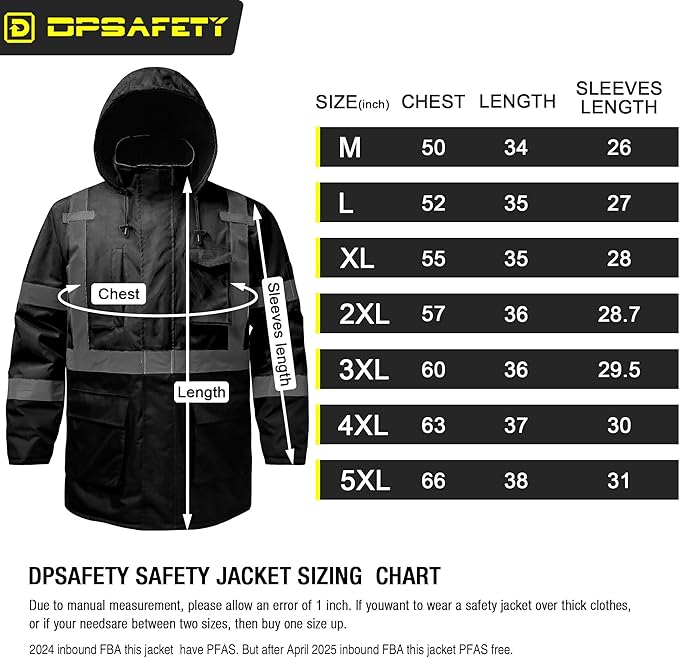 Reflective Jacket, High Visibility Parka, Waterproof Hi Vis, Safety Jacket with Removable Hood and Zipper, ANSI Class 3 (Black,4XL)