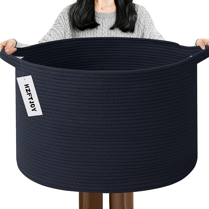 Large Storage Basket with Handle,19.7" L x 19.7" W x 13" H Blanket Basket Storage Bins for Organizing,65L Cotton Rope Woven Baskets for Living Room, Nursery ,Bedroom,Navy