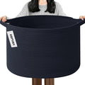 Large Storage Basket with Handle,19.7" L x 19.7" W x 13" H Blanket Basket Storage Bins for Organizing,65L Cotton Rope Woven Baskets for Living Room, Nursery ,Bedroom,Navy