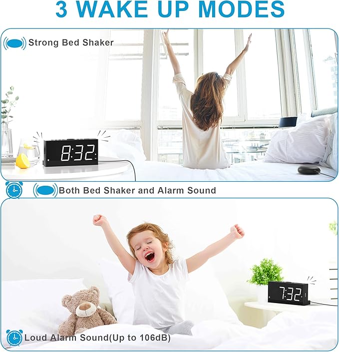 Extra Loud Dual Alarm Clock with Vibration for Bedroom,Extreme Bed Shaker Alarm Clock for Deep Sleeper Hard of Hearing Deaf,7" Clear LED Display,USB Port,Battery Backup,Easy to Set for Senior,Kids,DST