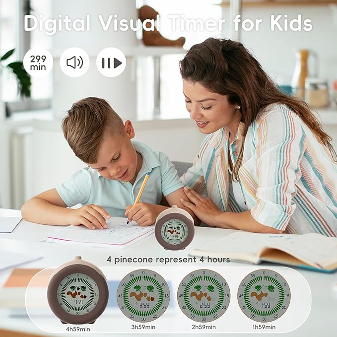 Visual Timer for Kids, 299-Minute Cute Kids Squirrel Timer with Eye-Protection Screen & Protective Case, Homeschool Supplies Study Teaching Time Management Tool