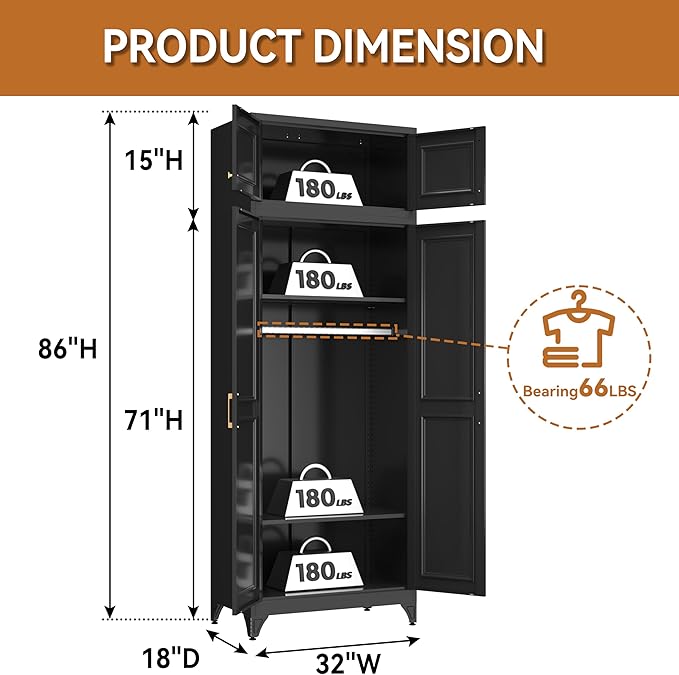 Metal Armoire Closet, 86 Inch Tall Wardrobe Armoire with Hanging Rod, Wardrobe Closet for Clothes with Doors, 18" D x 32" W x 86" H,Black, Assemble Required, Shipped in Two Packages
