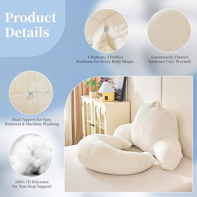 Reading Pillow for Bed,U Shaped & Back Support Pillow for Bed,17" Backrest with Lumbar & Arm Support,Luxurious Faux Rabbit Fur,Gaming PillowFor Crochet/Reading/Watching TV,White