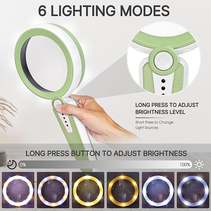 45X Magnifying Glass with Light, 6 Color Modes, 1200mAh Rechargeable, 4.6In Large Handheld Magnifier for Low Vision Seniors, Reading, Hobbies - Green