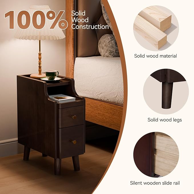 Narrow Nightstand with Drawers, Pre-Assembled Solid Wood Small Skinny Night Stand with Open Sliding Shelf Slim Bedside Table for Bedroom, Slim Side Table (2, Black Walnut, 8")