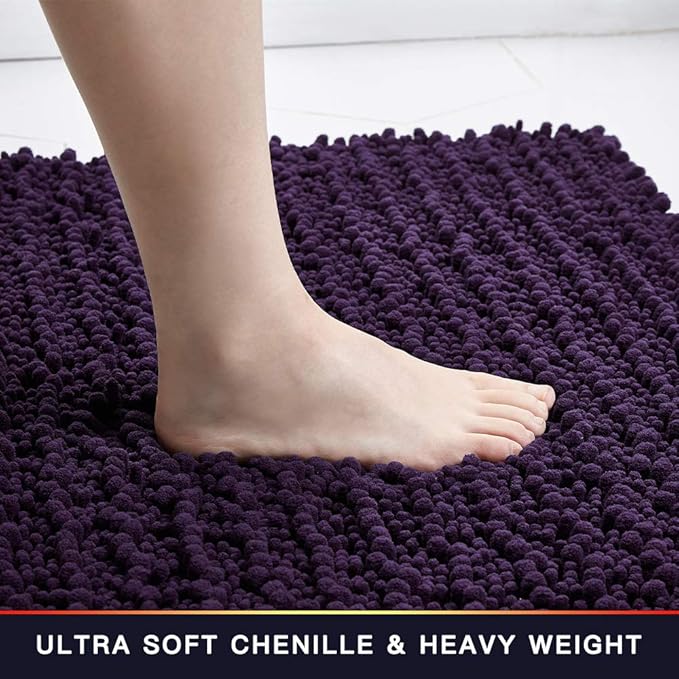 Walensee Bathroom Rug 2 Pieces Set Non Slip Bath Mat (17x24 Plus 20x32 Inch Dark Purple) Water Absorbent Super Soft Shaggy Chenille Machine Washable Dry Extra Thick Perfect Carpet for Shower Floor