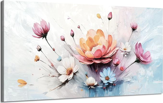 amatop Floral Canvas Wall Art – Framed Modern Abstract Botanical Print in Pink, Blue & White, Nature Art for Living Room, Bedroom & Office Decor (48x24 Inches)
