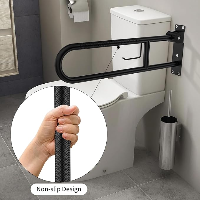 Toilet Grab Bar 30.3 Inch, YuanDe Flip Up Grab Bar with Paper Holder,Matte Black Anti-Slip Safety Bars for Toilet, Stainless Steel Knurled Toilet Handles for Seniors Disabled Elderly Pregnant
