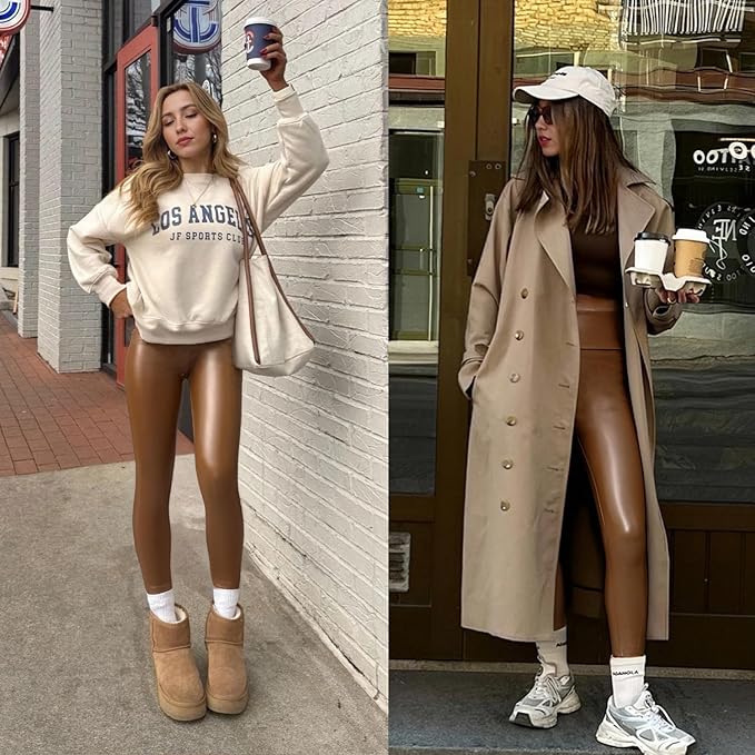 Ginasy Faux Leather Leggings for Women Tummy Control Stretch High Waist Pleather Pants with Thin Fleece Lined